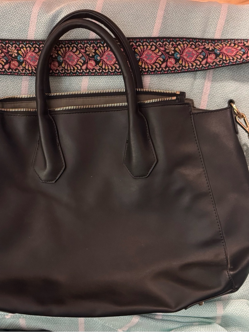 Just Fab Black Vinyl Tote Bag with Embroidered Strap